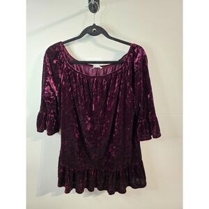 Burgundy Ruffle Velvet Burnout Top Off Shoulder Size Large 3/3 Sleeve‎ Boho